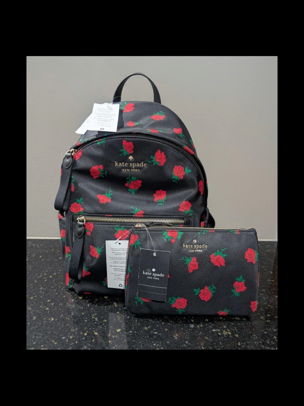 kate spade Black Rose-Print Backpack with Pouch